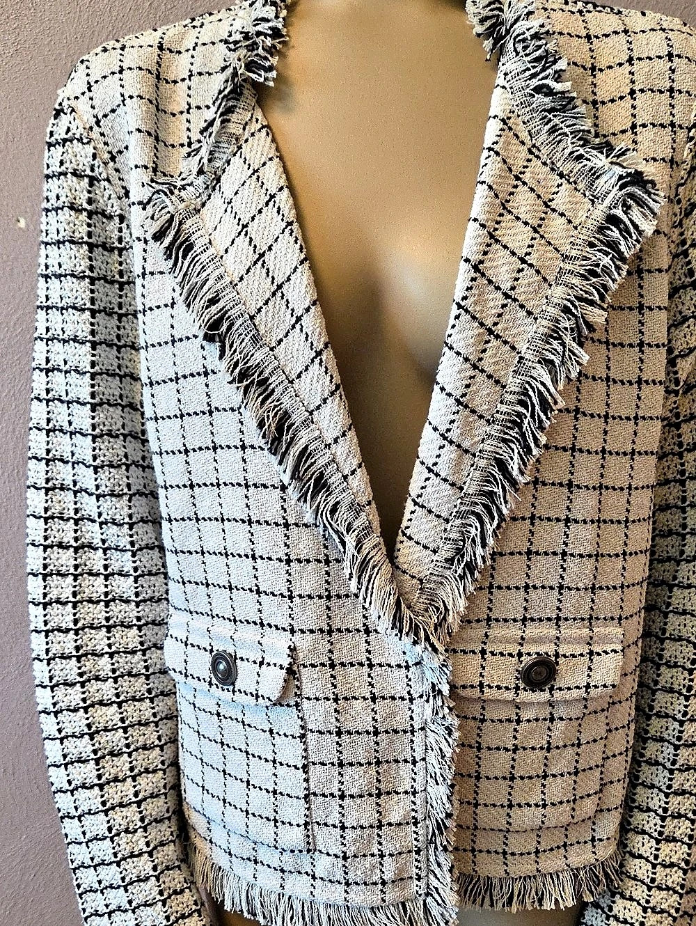 Nic + Zoe Women's Window75pane Plaid Fringe Blazer in Cream & Black